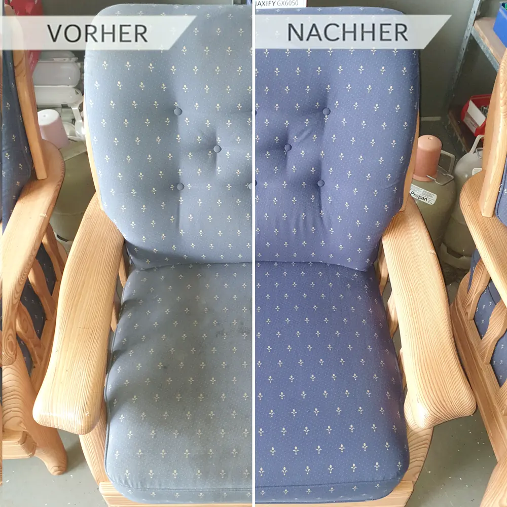 Sessel schonend und gruendlich gereinigt Sessel vor und nach der Polsterreinigung